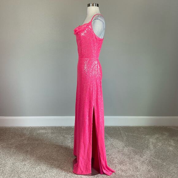Pink Sequined Backless Evening Gown Size 18 Sleeveless Thigh Slit Formal by AQUA - Picture 3 of 11